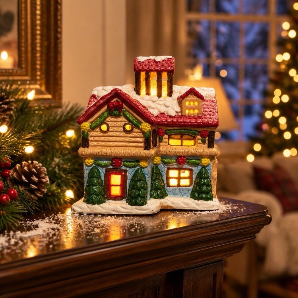 UL Hand Decorate Lite Up Christmas Ceramic House 3 Feet Cord